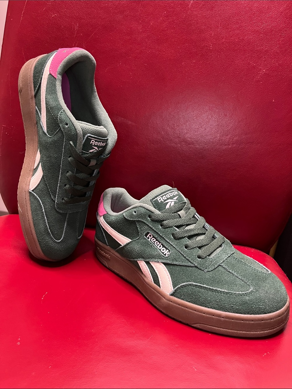 Reebok Men's Suede Sneakers in Olive Green & Pink Accent